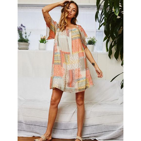 Coral Off Shoulder Multi Patch Print Mini Dress - Picture 2 of 4